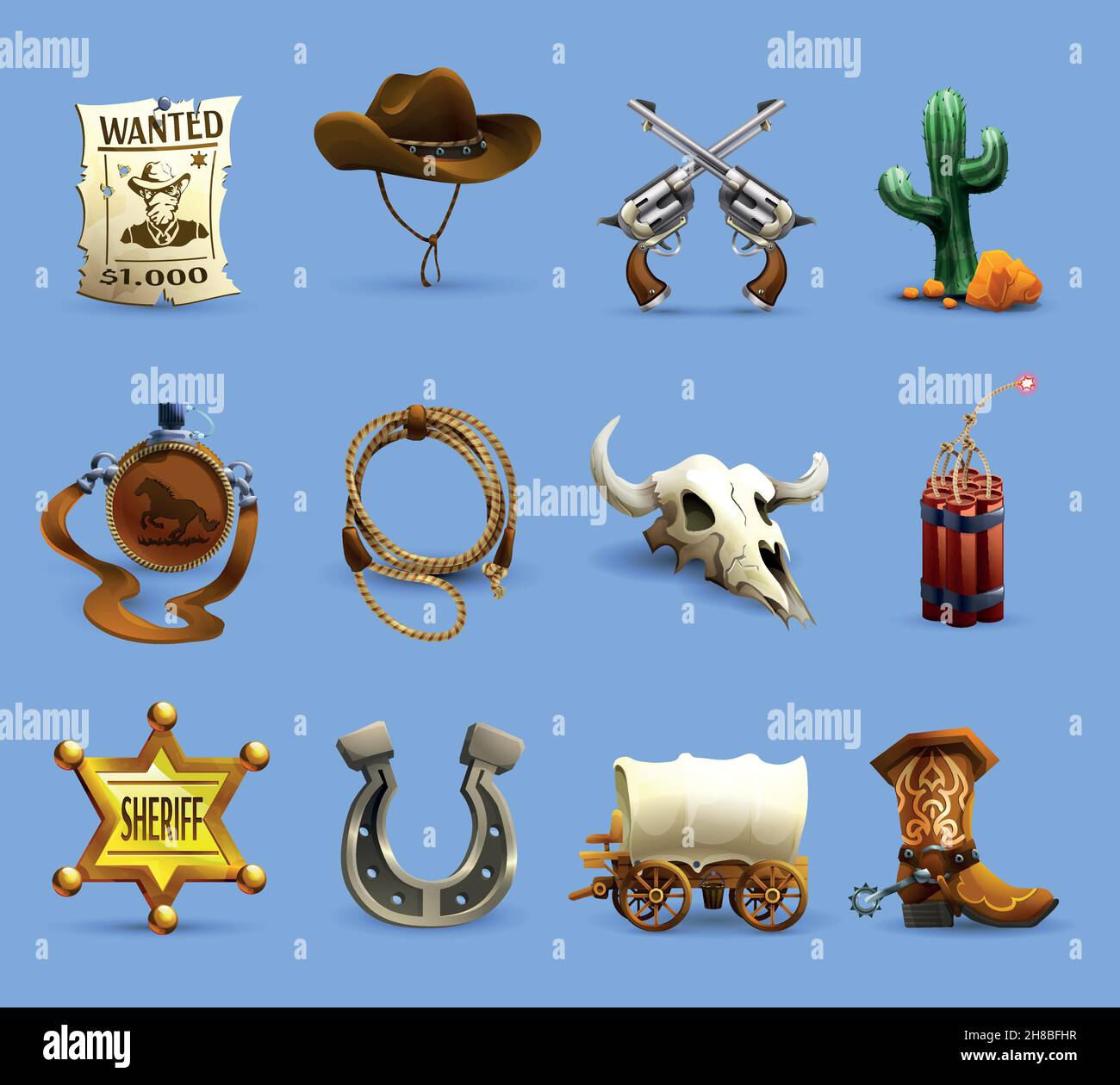 Wild west realistic icons set with cowboy hat dynamite and cactus on blue background isolated vector illustration Stock Vector