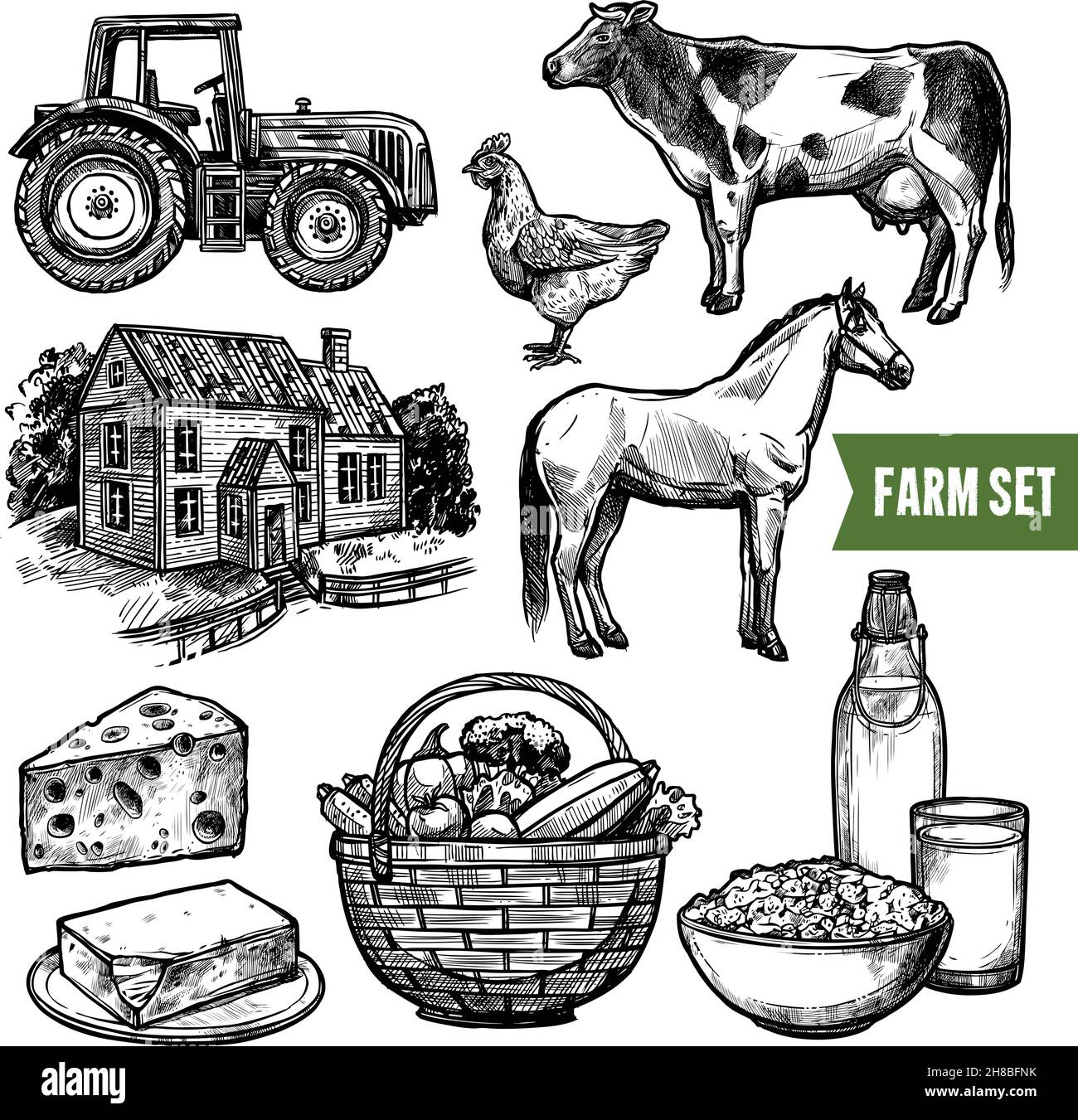 Black and white organic farm set with healthy food farm animals tractor and farmhouse on white background sketch hand drawn isolated vector illustrati Stock Vector