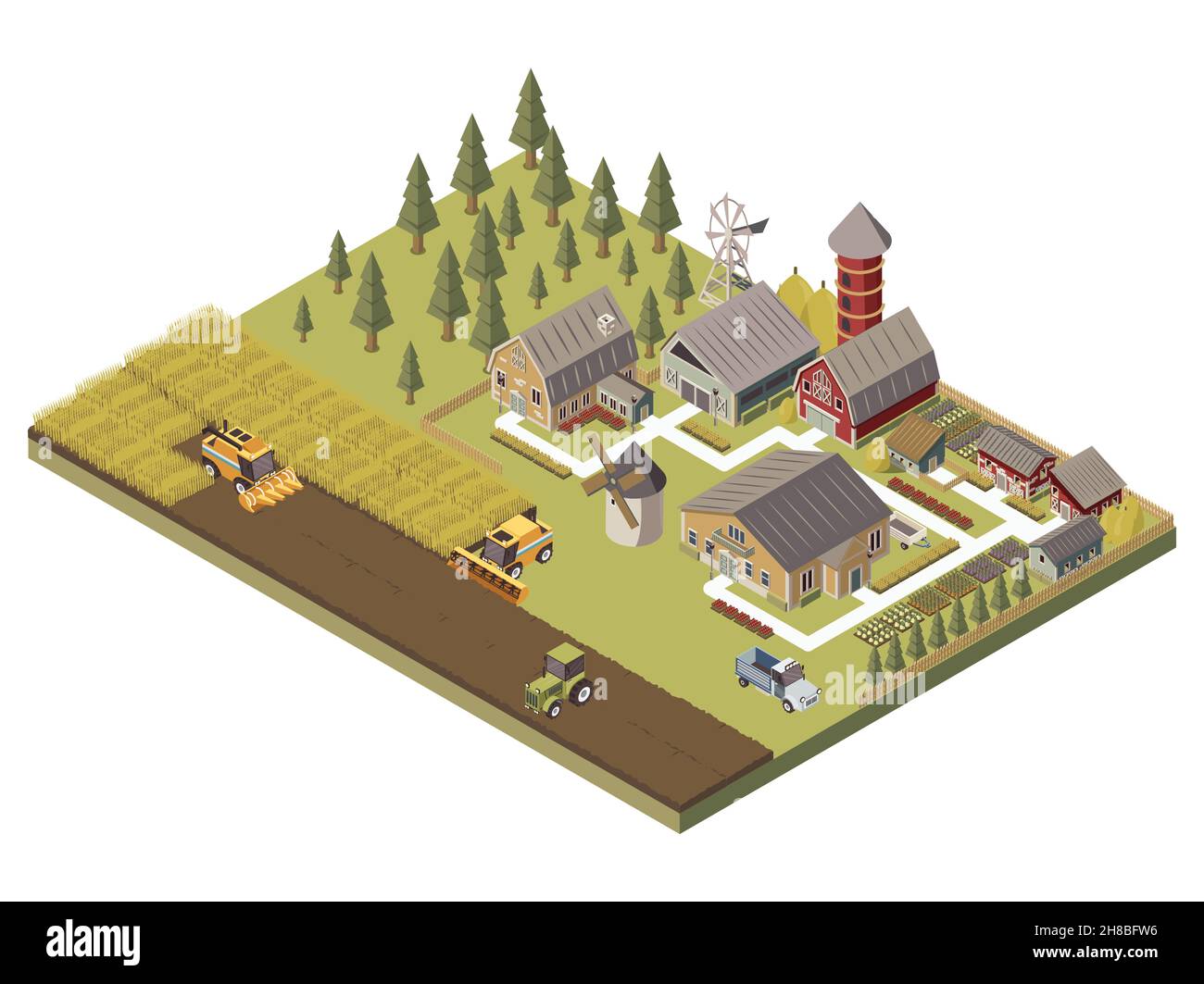 Farm buildings agricultucal vehicles and cultivated fields garden beds and trees tracks and fence isometric vector illustration Stock Vector