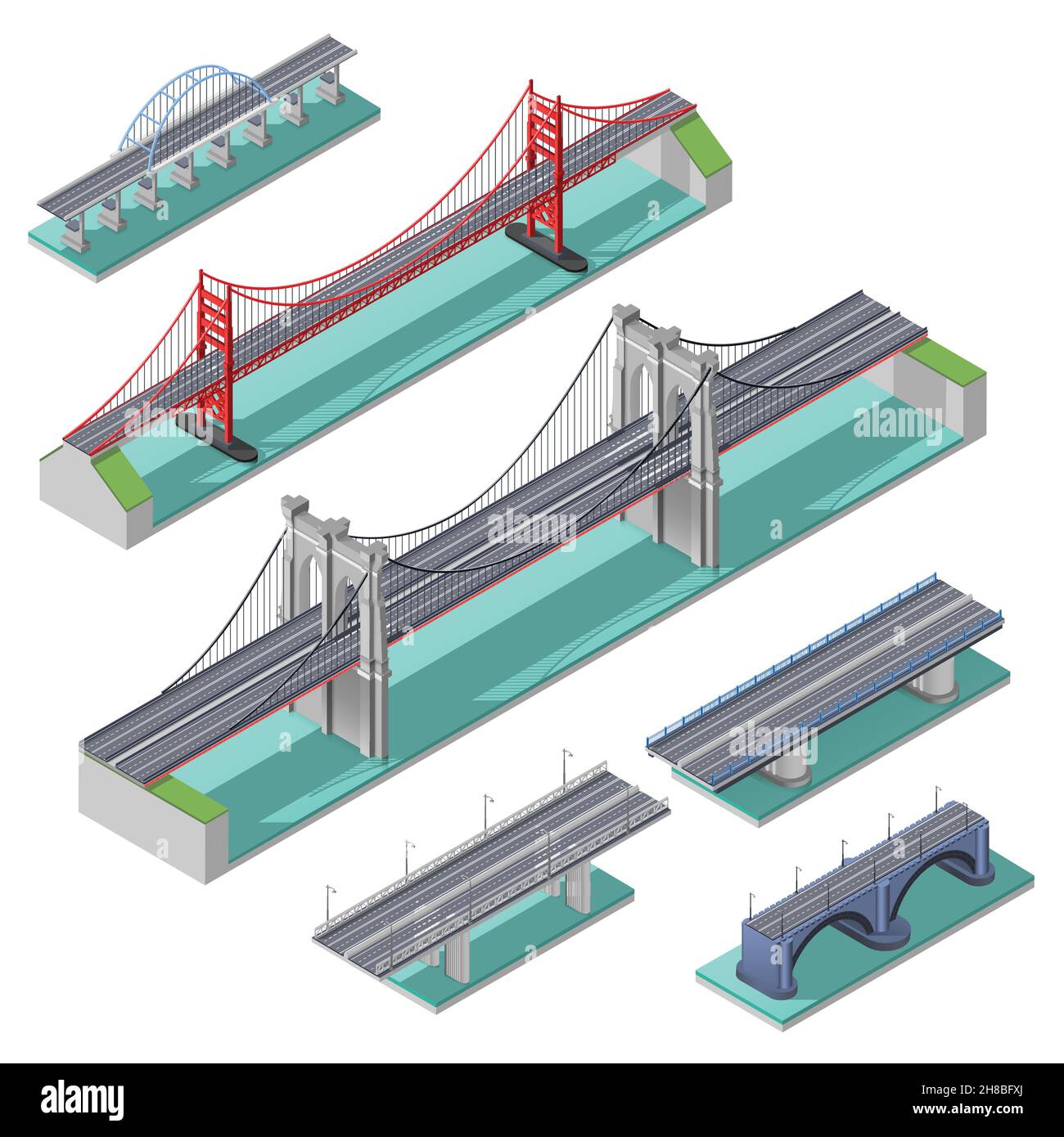 Bridges isometric set above river bay or lake isolated vector illustration Stock Vector