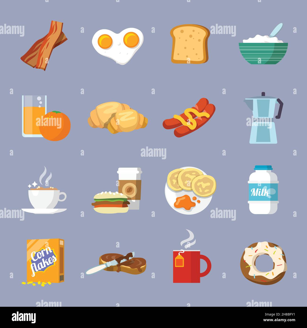 Breakfast fresh food and drinks flat icons set with eggs bread ...