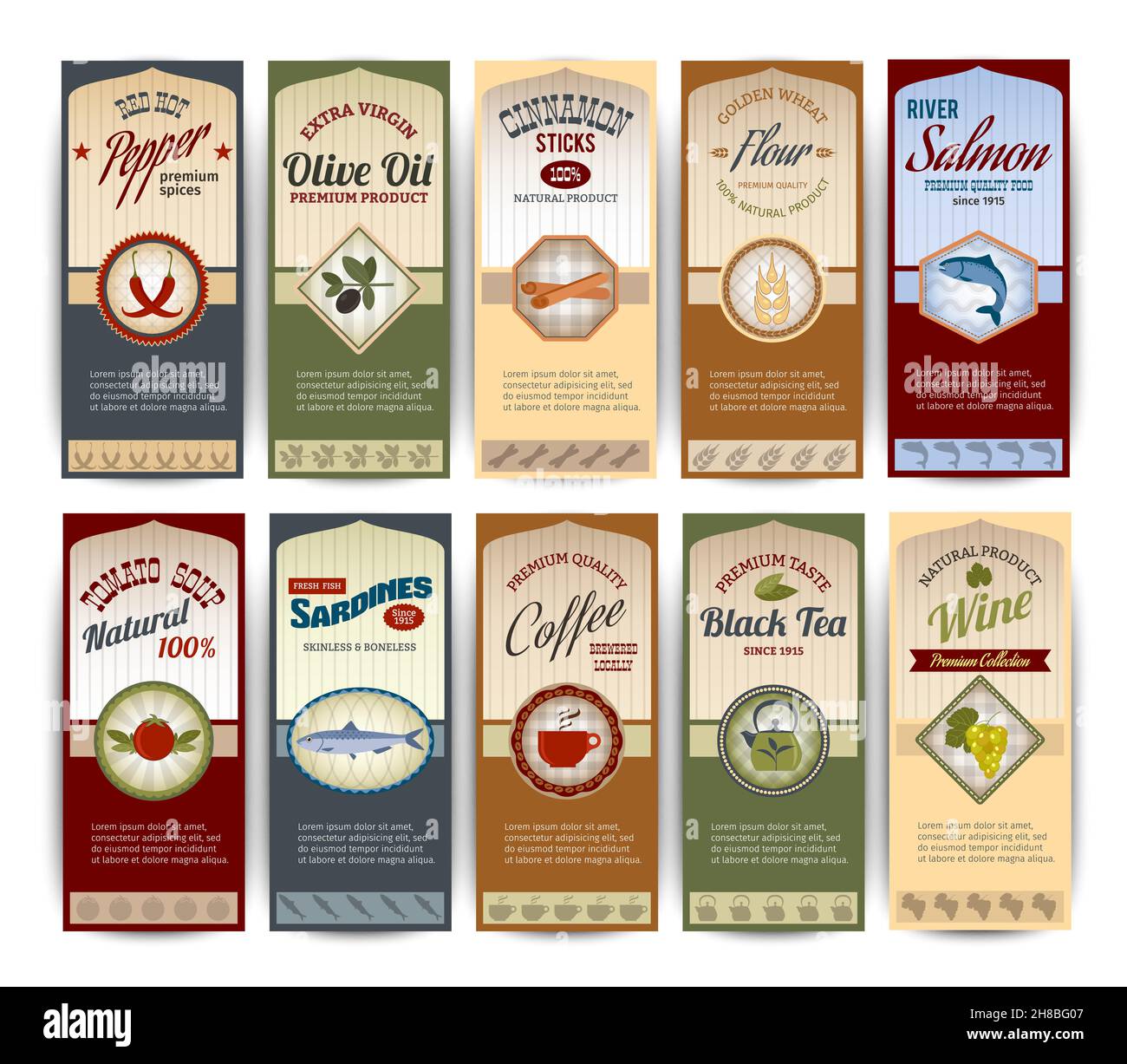 Food retro banners set with pepper olive oil sardines flour salmon isolated vector illustration Stock Vector