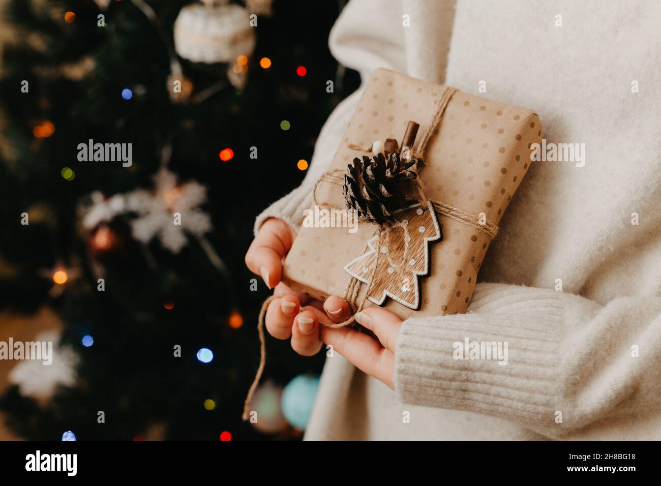 girl holding small gift in her hands. decorated Christmas tree on background. Bright Christmas card with space for text Stock Photo