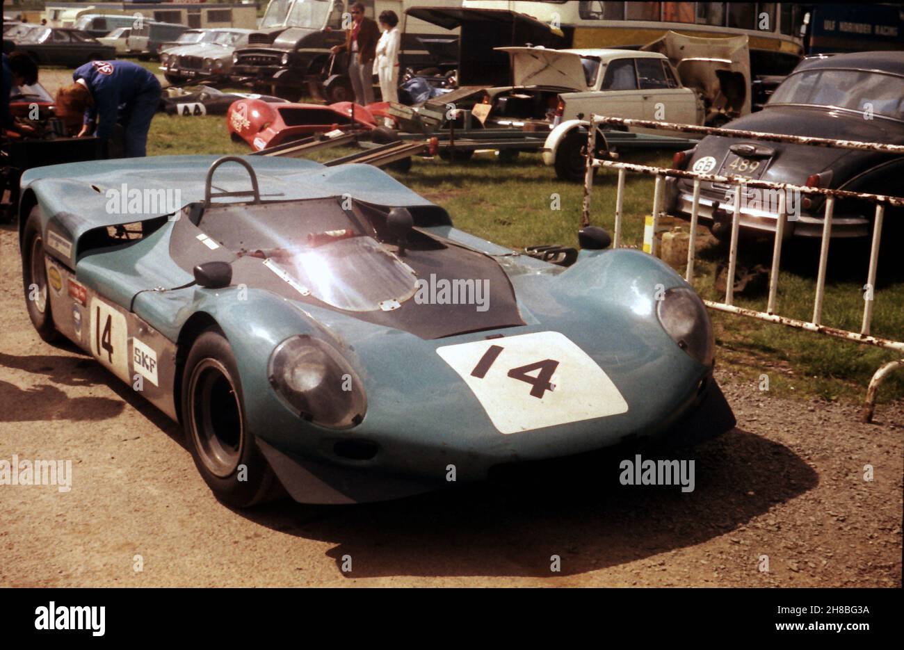 Les Aylott's Ardua spyder, but in the race programme as a GT. The car was entered under the R A F S M A and Les Aylott was an RAF Officer. The car finished  3rd overall in race 1, scheduled to start at 2:30pm at the BRSCC organised Whit Monday meeting, May 25th 1970. Stock Photo