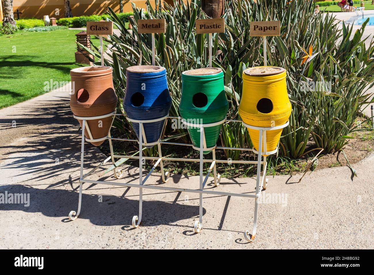 Hurghada, Egypt - May 24, 2021: Colorful clay trash bin pots sorting ...