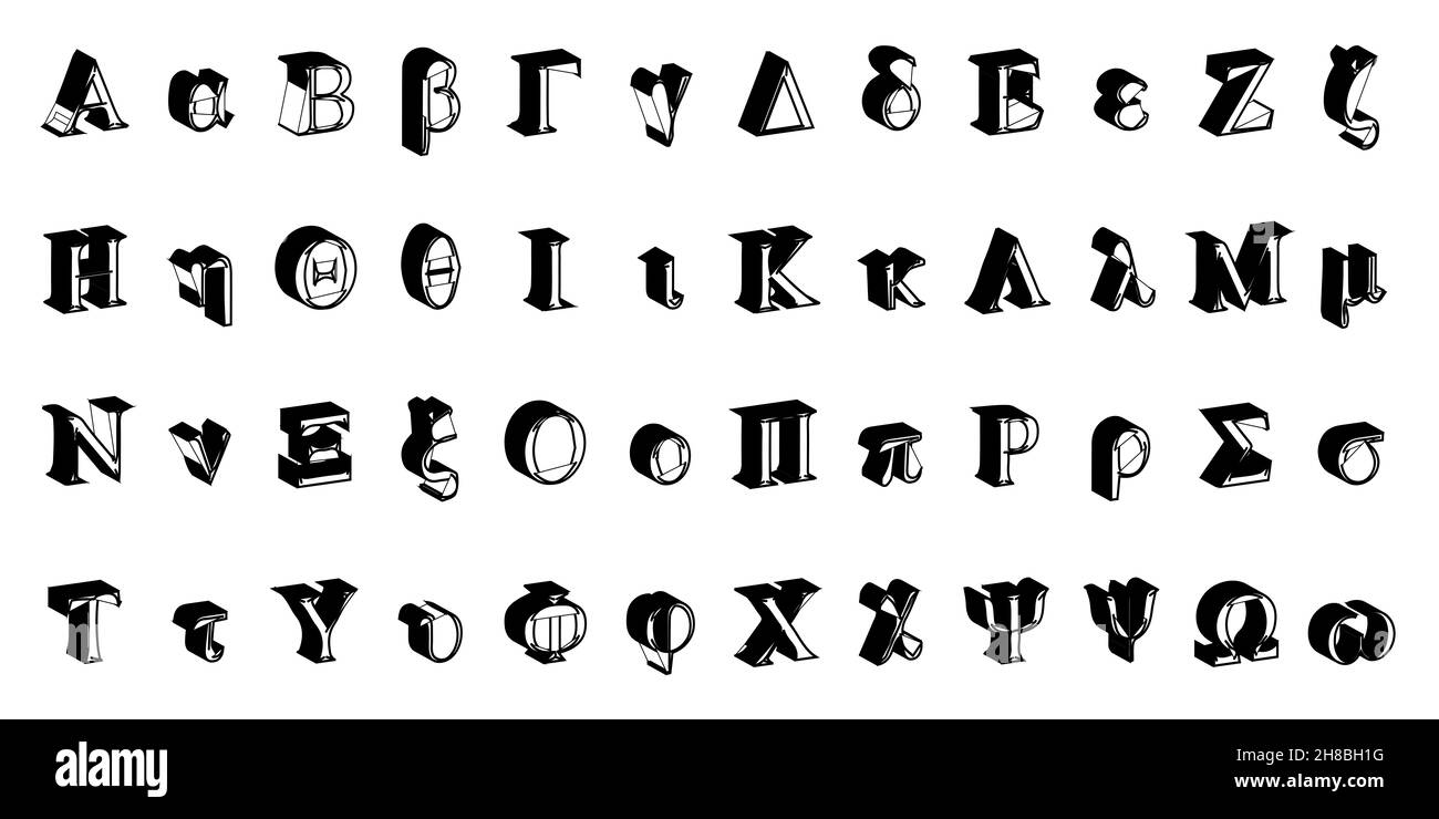 The Greek alphabet in large and small 3D letters isolated on white Stock Photo