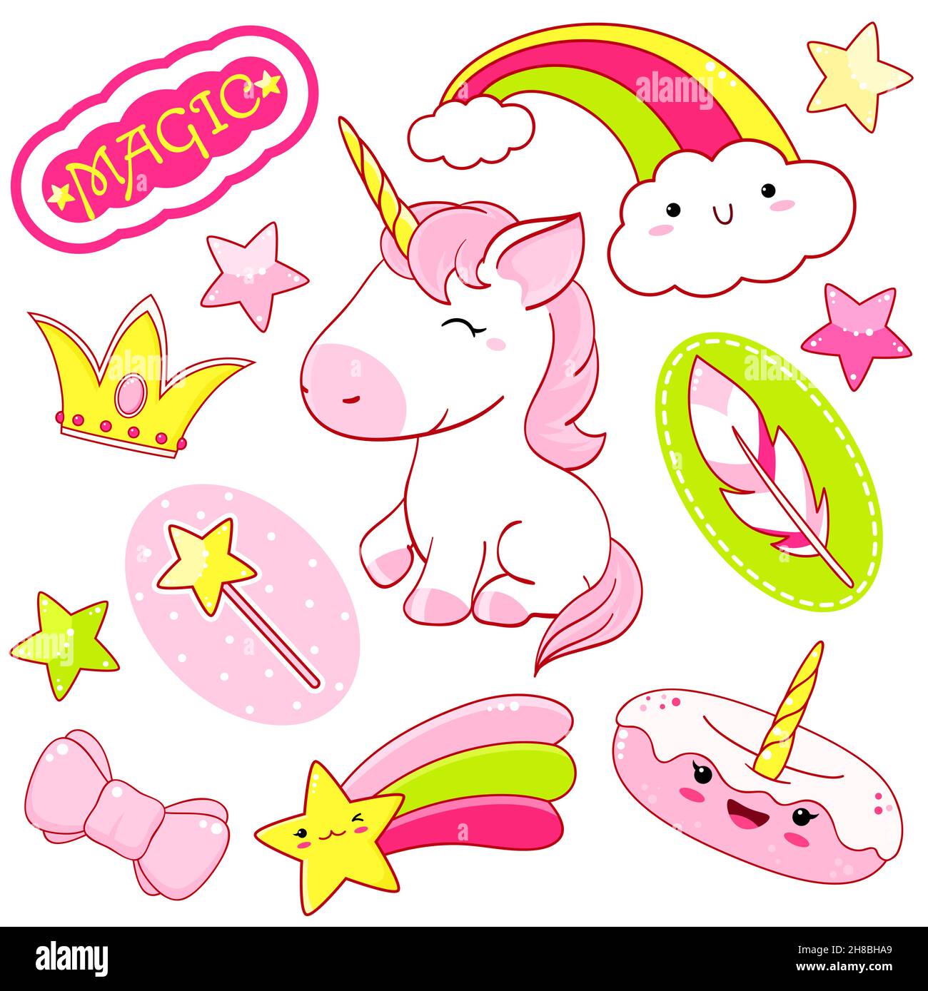 Set of cute unicorns stickers in kawaii style. Unicorn, rainbow, donut, shooting star, bow, feather, crown, sticker with inscription magic. Vector ill Stock Vector