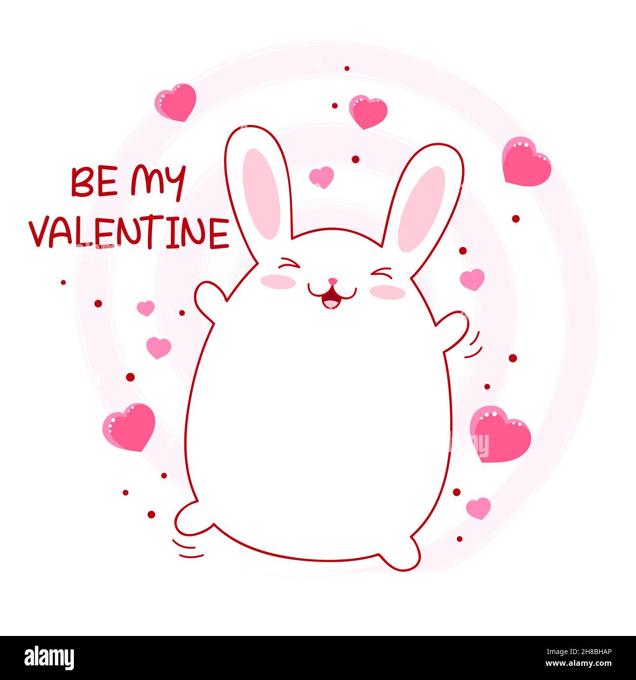Valentine's day card with funny kawaii fat bunny. Greeting card with happy and cheerful cute white rabbit. Inscription Be my Valentine. Vector illustr Stock Vector
