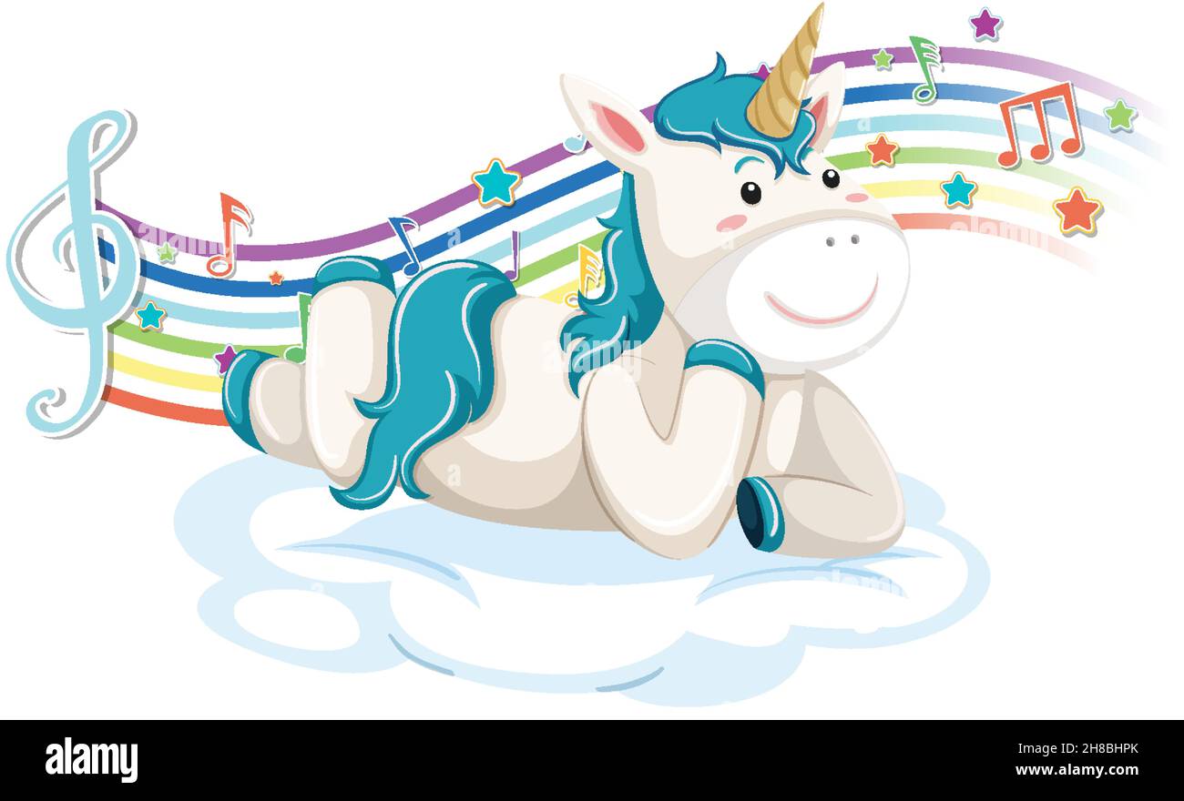 Cute unicorn laying on the cloud with melody symbols on rainbow ...