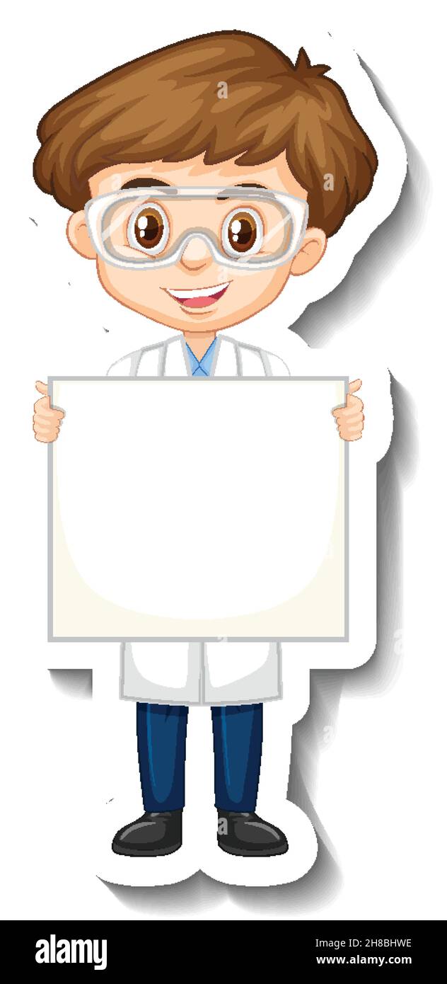 Scientist boy holding empty board in sticker style illustration Stock ...
