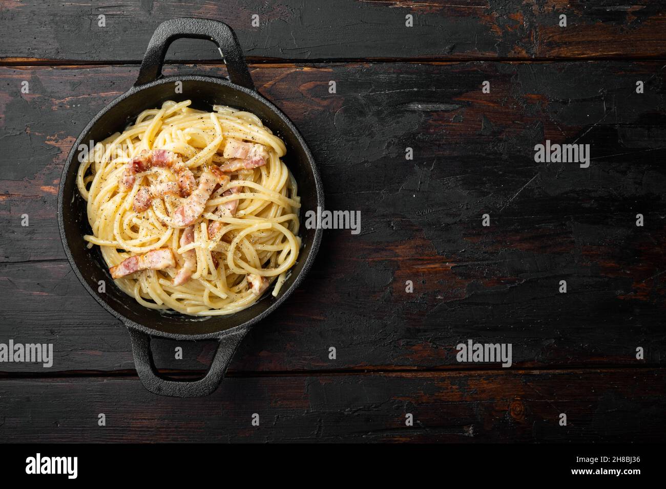 Dish of Spaghetti Carbonara, modern italian recipe of pasta with