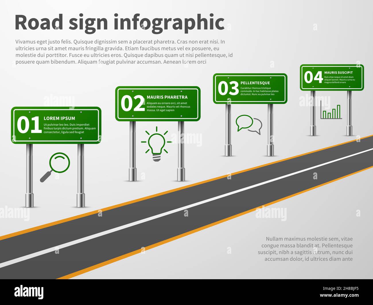 Road sign infographic. Banner traffic street route path, blank direction highways asphalt trip map gps car curved way Stock Vector