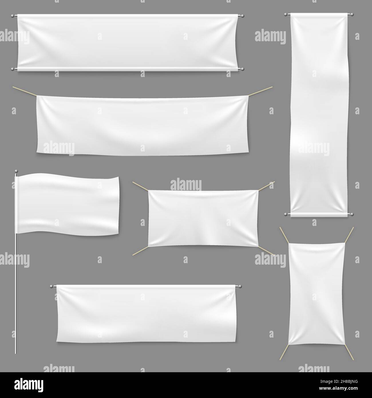 White textile banners. Blank fabric flag hanging canvas sale ribbon horizontal and textile banntemplate advertising set Stock Vector
