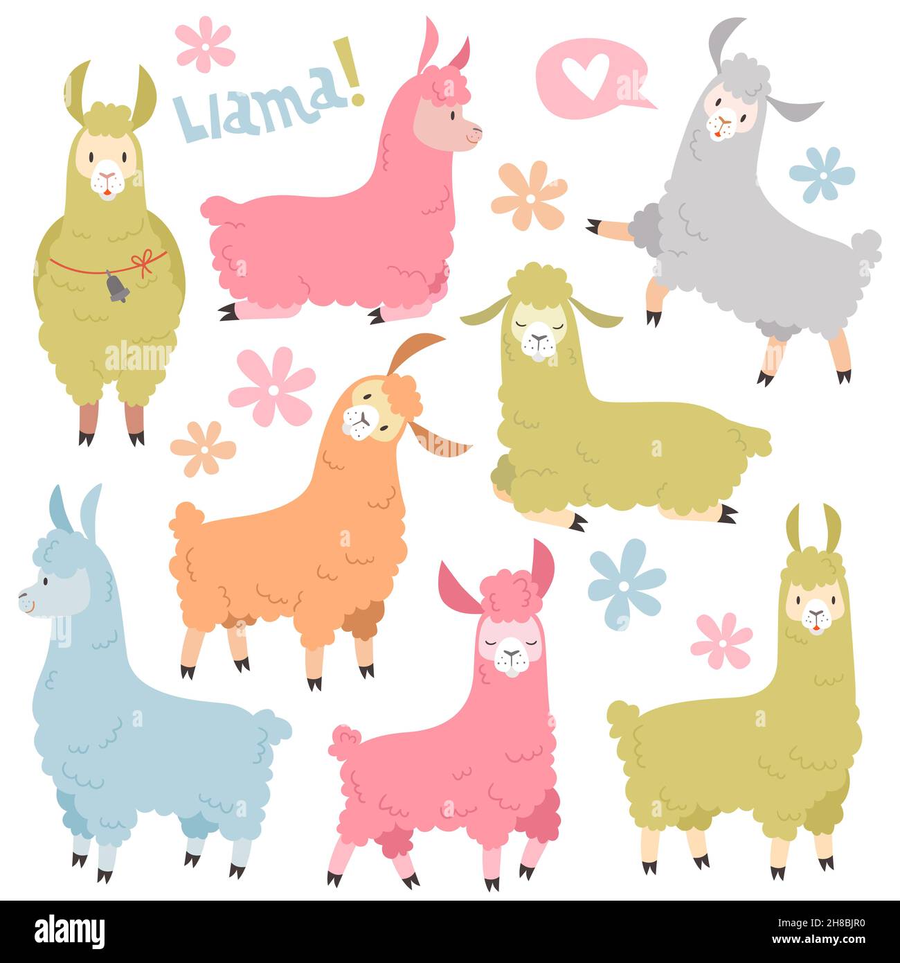 Cute llama set. Baby llamas alpaca, wild lama. Peru camel girl invitation elements cartoon vector set Stock Vector