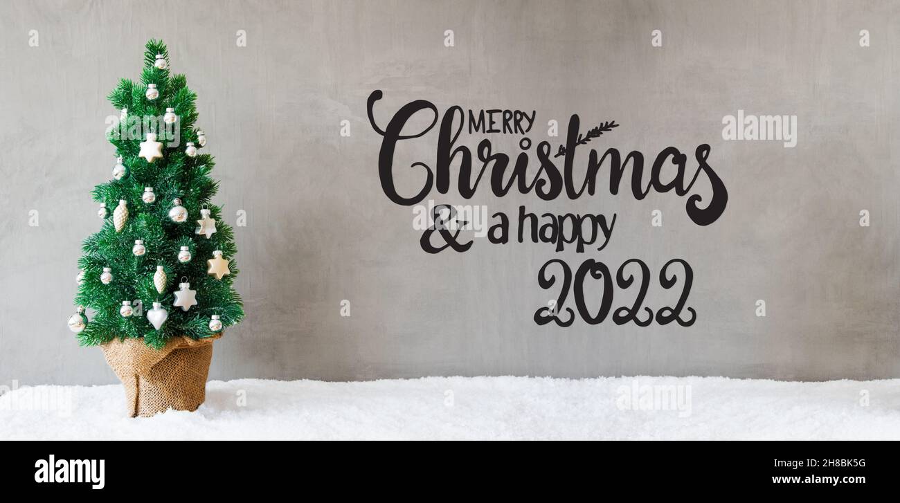 Christmas Tree, Silver Ball, Merry Christmas And A Happy 2022, Snow Stock Photo