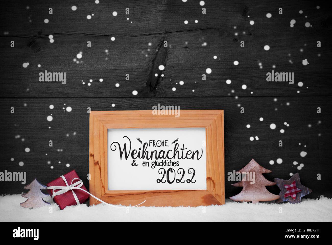 Frame, Gift, Tree, Snow, Snowflakes, Glueckliches 2022 Means Happy 2022 Stock Photo