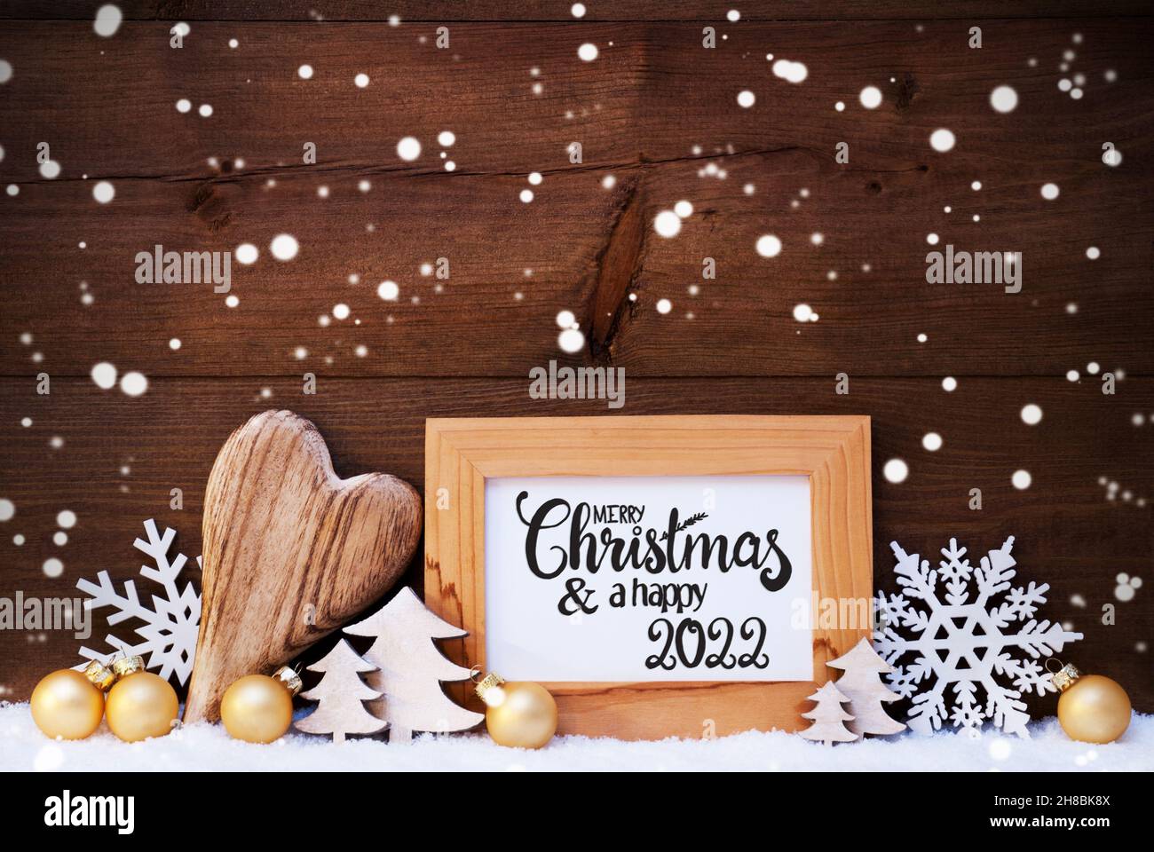 Heart, Golden Ball, Tree, Merry Christmas And Happy 2022 Stock Photo