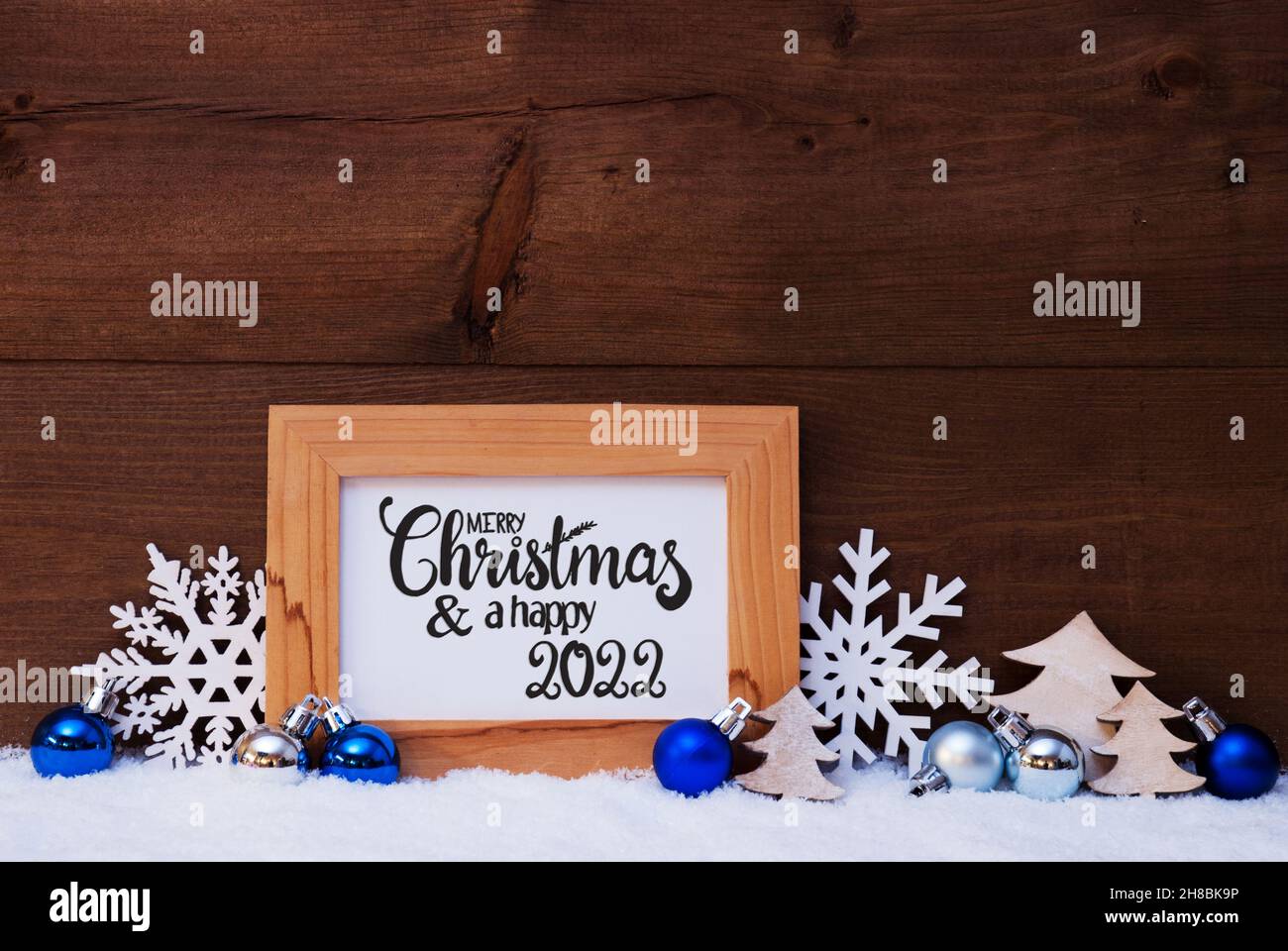 Tree, Snowflake, Snow, Blue Ball, Merry Christmas And Happy 2022 Stock Photo