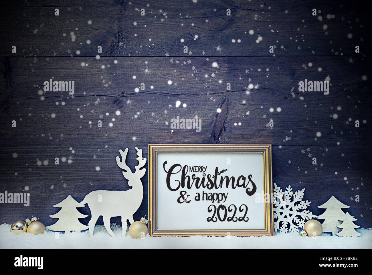 Vintage Frame, Golden Ball, Tree, Snow, Deer, Merry Christmas And A Happy 2022 Stock Photo