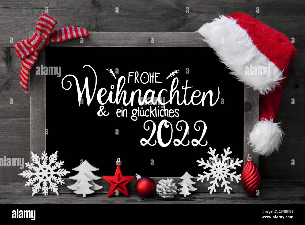 Chalkboard, Christmas Decoration, Ball, Tree, Glueckliches 2022 Means Happy 2022 Stock Photo