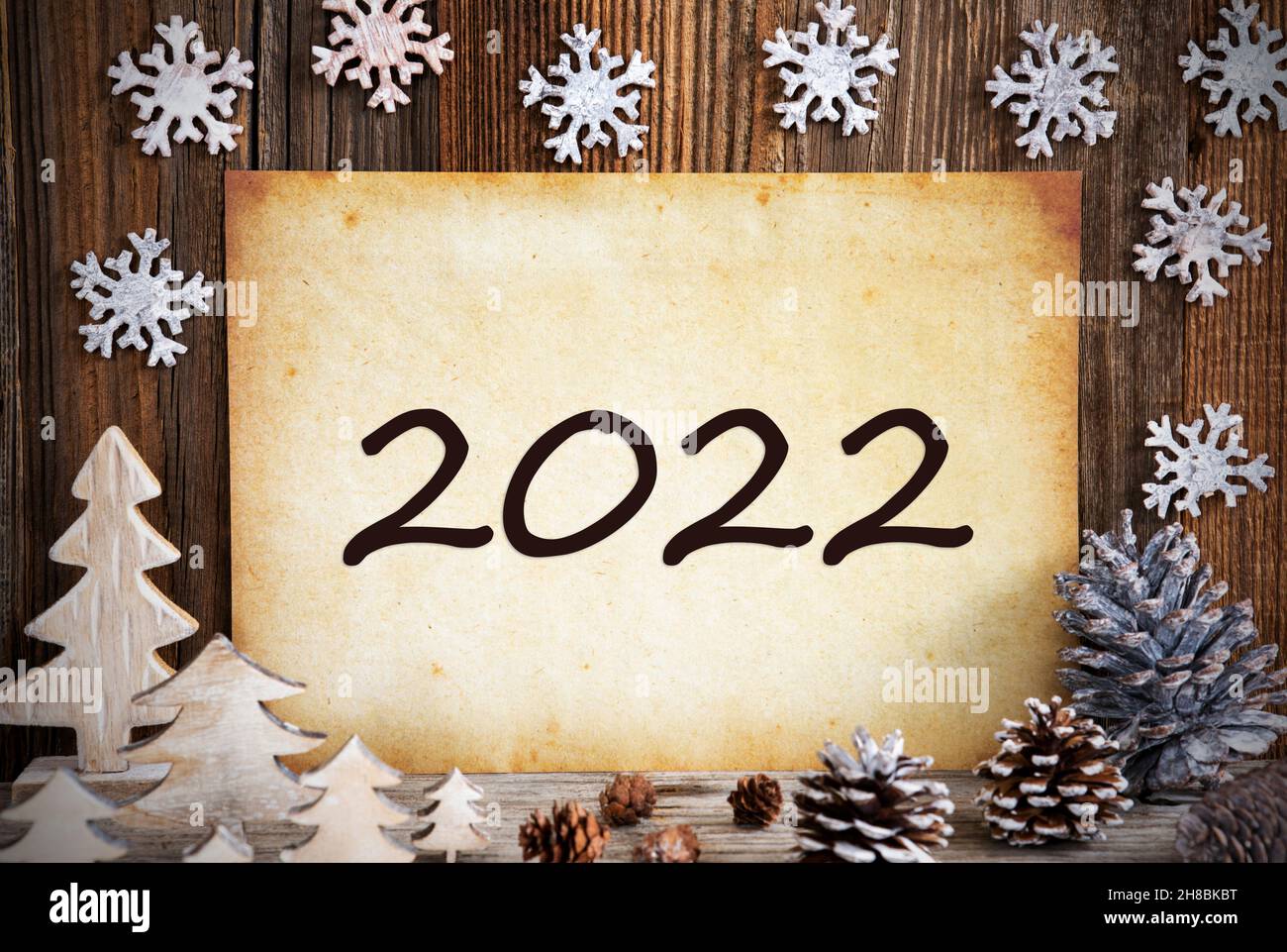 Old Paper With White Christmas Decoration, Text 2022 Stock Photo
