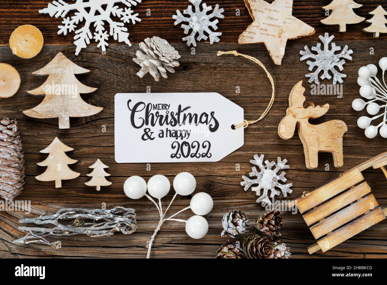 Label, Frame Of Christmas Decoration, Merry Christmas And Happy 2022 Stock Photo