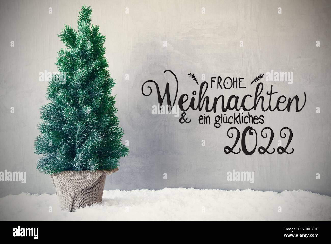 Christmas Tree, Snow, Gray Background, Glueckliches 2022 Means Happy 2022 Stock Photo