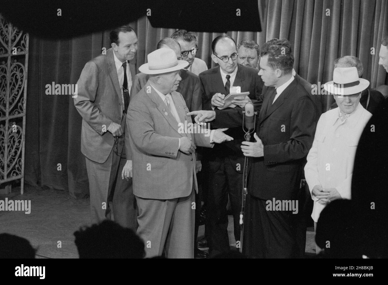 MOSCOW, RUSSIA - 24 July 1959 - Richard Nixon and Nikita Khrushchev debating at the American National Exhibition in Moscow, Russia in July 1959, it la Stock Photo