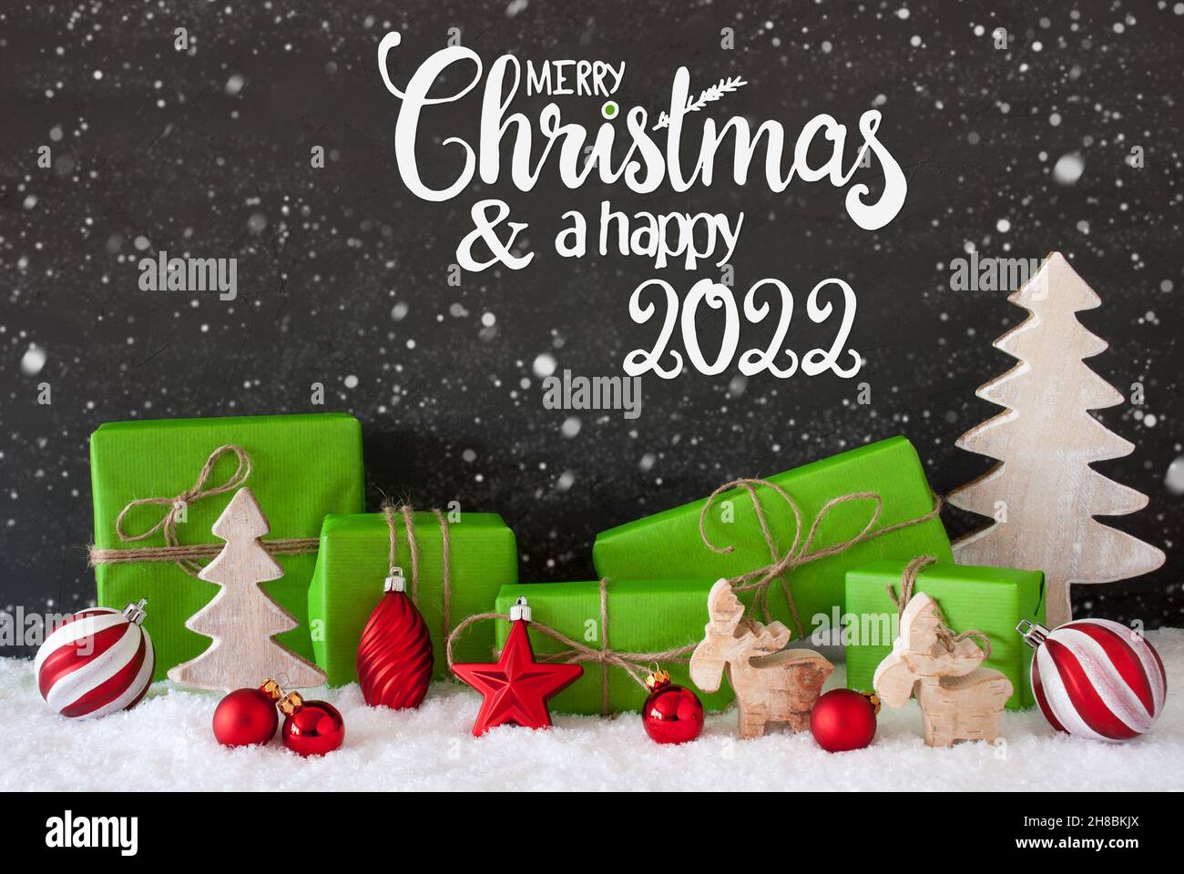 Snowflakes, Tree, Gift, Ball, Merry Christmas And A Happy 2022 Stock Photo
