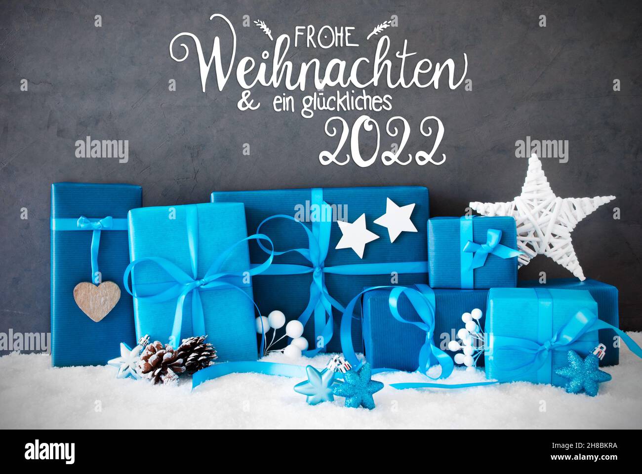 Turquois Gift, Snow, Glueckliches 2022 Means Happy 2022, Christmas Decoration Stock Photo