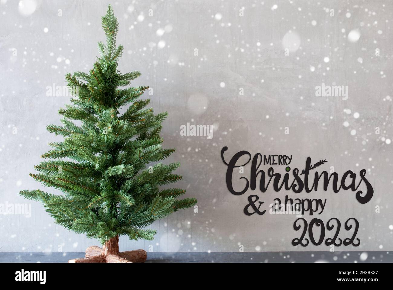 Merry Christmas 2022 Calligraphy English Calligraphy Merry Christmas And A Happy 2022. Green Christmas Tree  With Gray Background And Snowflakes Stock Photo - Alamy