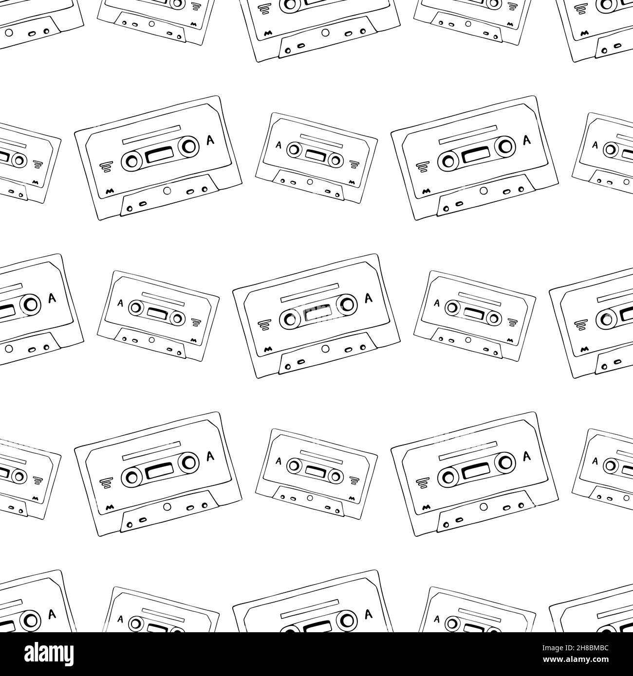 Hand drawn cassette and mixtape seamless pattern, black and white cartoon doodle background for music technology or audio equipment concept. Stock Vector