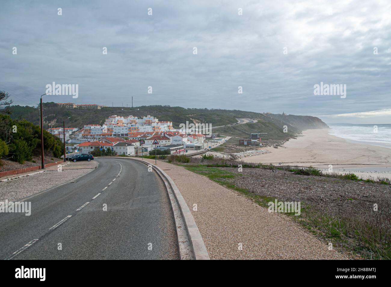 Elevated view of the city and beach of Nazare, Portugal Stock Photo