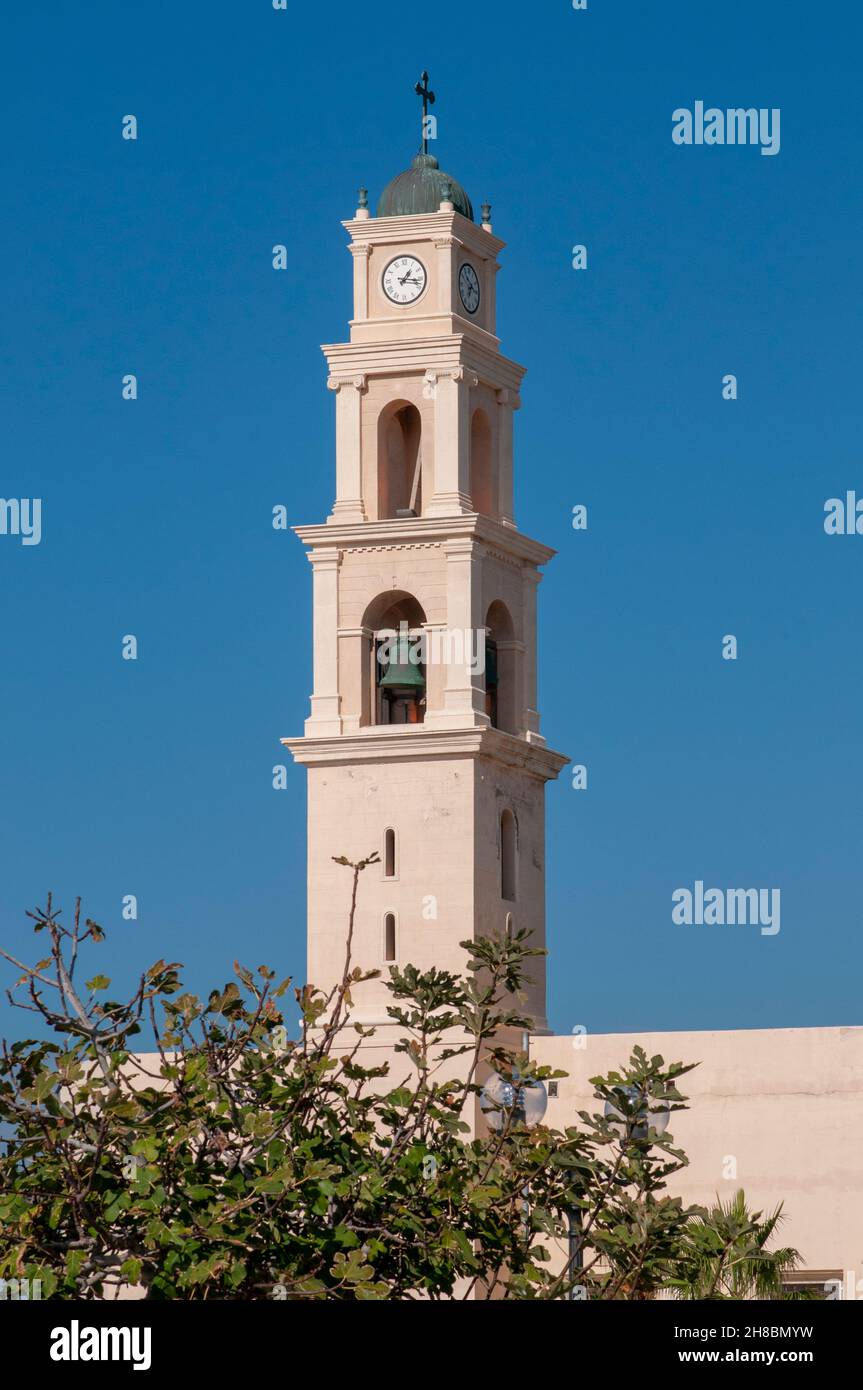 Israel, Jaffa, the belfry of the St. Peter church and Monastery on blue sky background Stock Photo