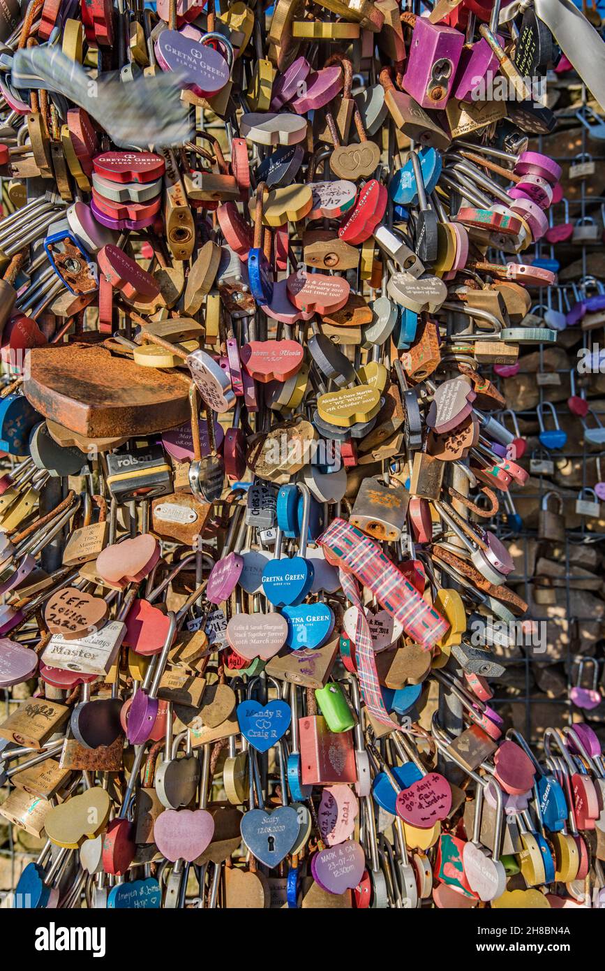 Lovelocks on 'The Wall of Love' located at the rear of the Gretna Green