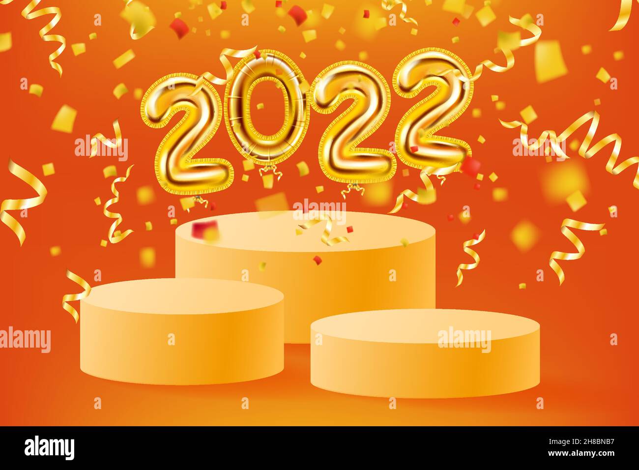 2022 Gold Foil Balloons Numbers, Orange Stage, Podium. 3D Realistic Scene Golden Balloon, Pedestal, Falling Confetti. Vector Template Banner Christmas Stock Vector Image & Art - Alamy