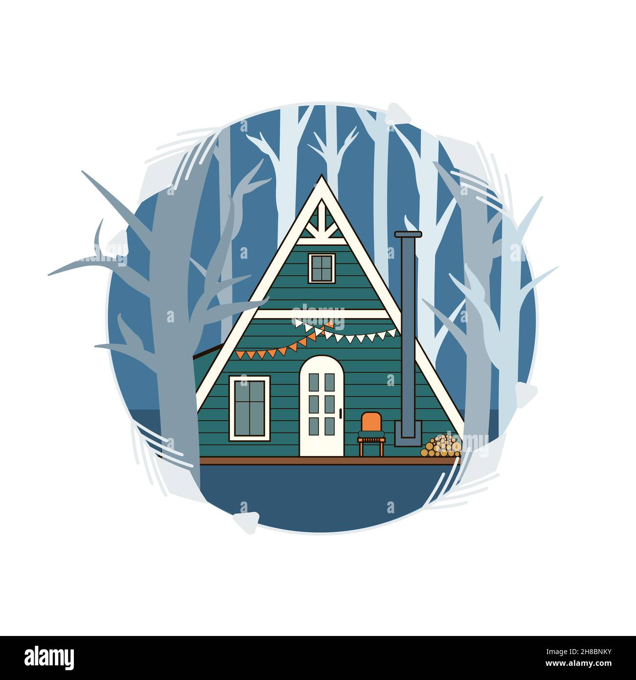 Frame cabin in the woods. Round sticker with a wooden house among the trees. Textile or card design. Vector illustration Stock Vector