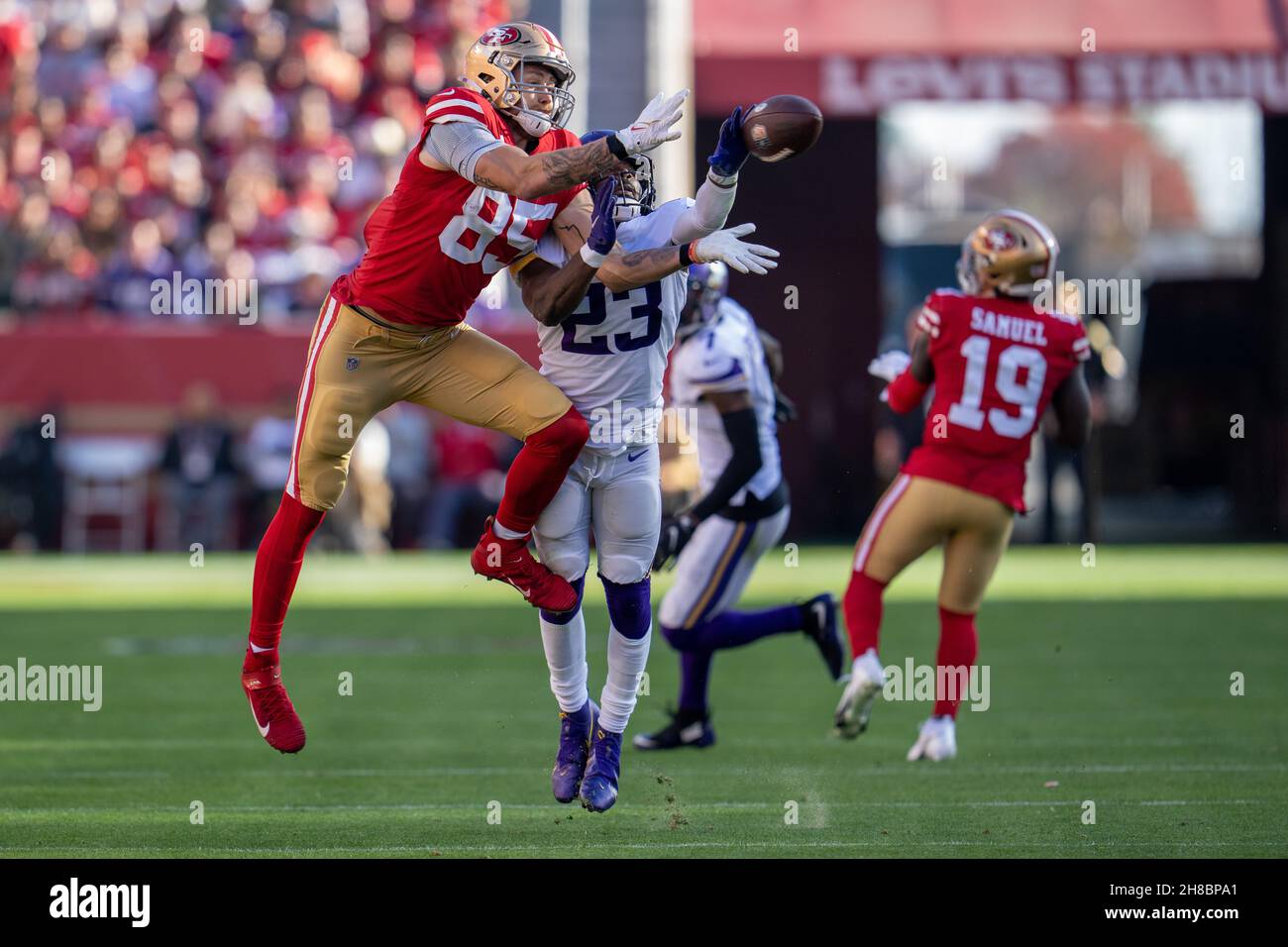 Minnesota Vikings free safety Xavier Woods (23) breaks up the pass intended for San Francisco 49ers tight end George Kittle (85) during the second qua Stock Photo