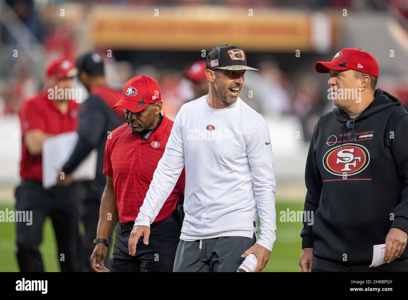 San Francisco 49ers head coach Kyle Shanahan celebrates walking off the field after the end of the game against the Minnesota Vikings in San Francisco Stock Photo