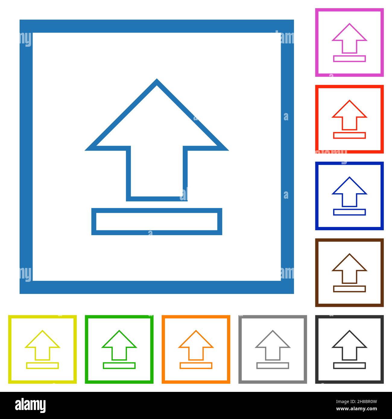 Upload outline flat color icons in square frames on white background Stock Vector