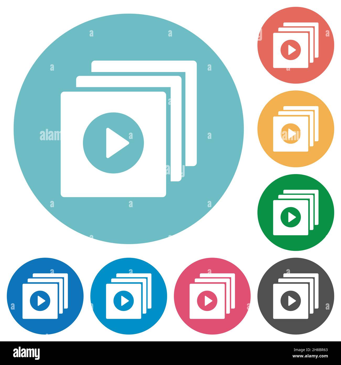Play files solid flat white icons on round color backgrounds Stock ...
