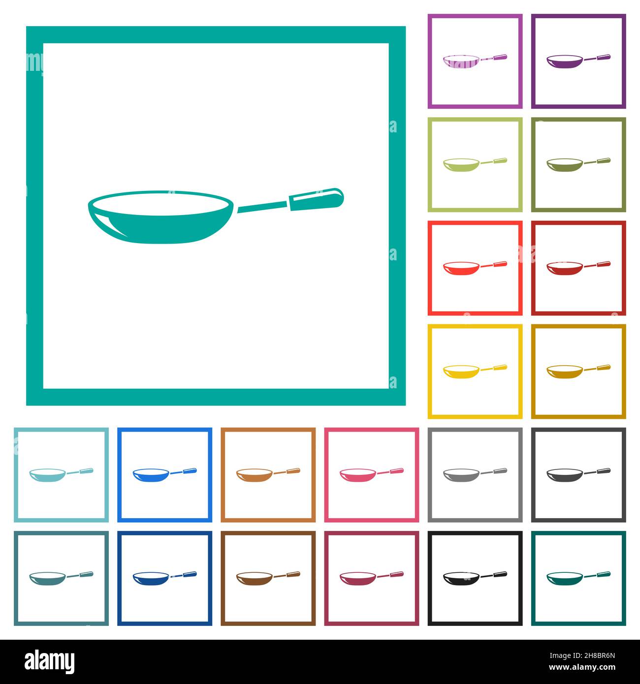 Glossy frying pan flat color icons with quadrant frames on white ...