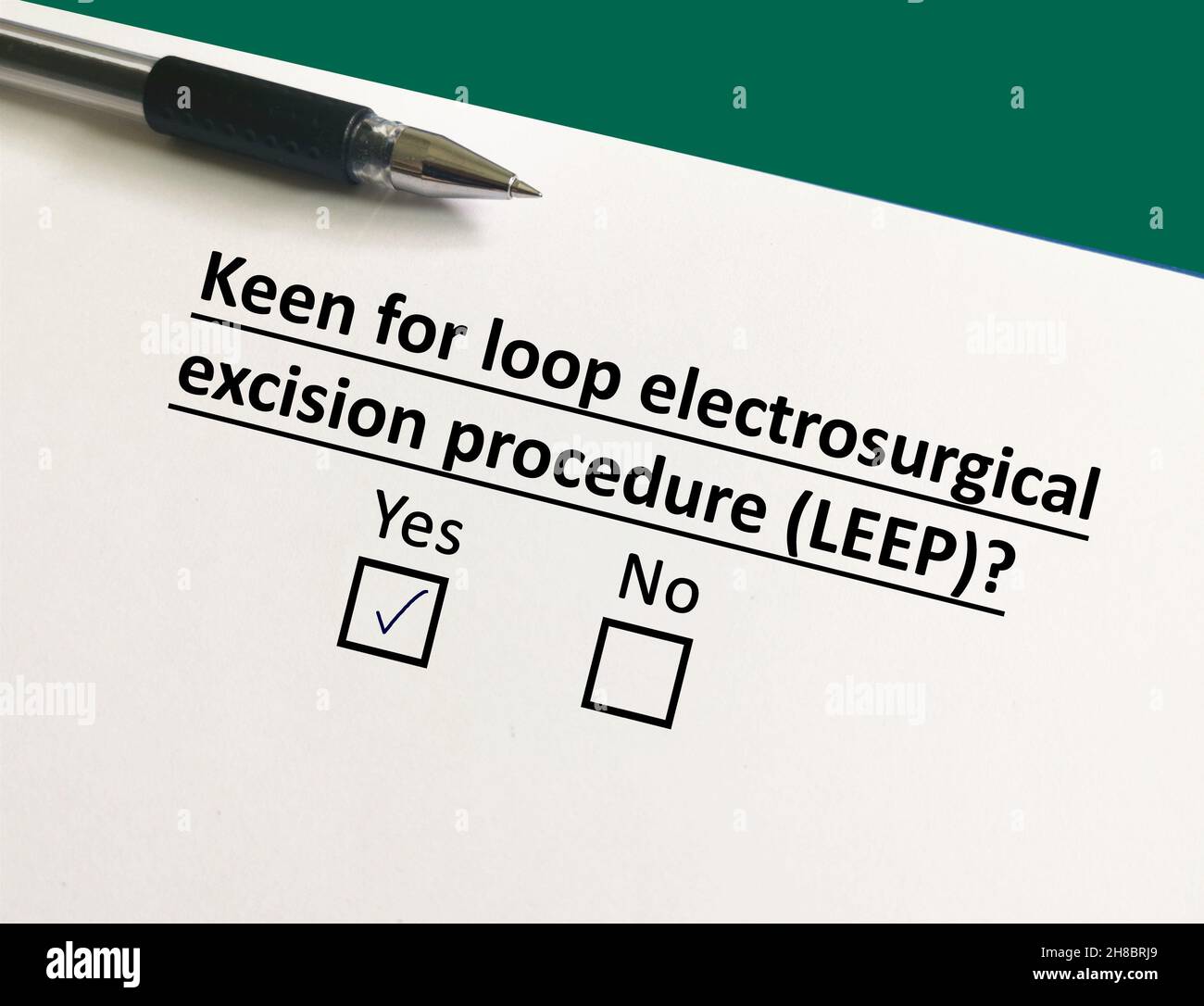 One person is answering question about surgery. The person is keen for loop electrosurgical excision procedure Stock Photo