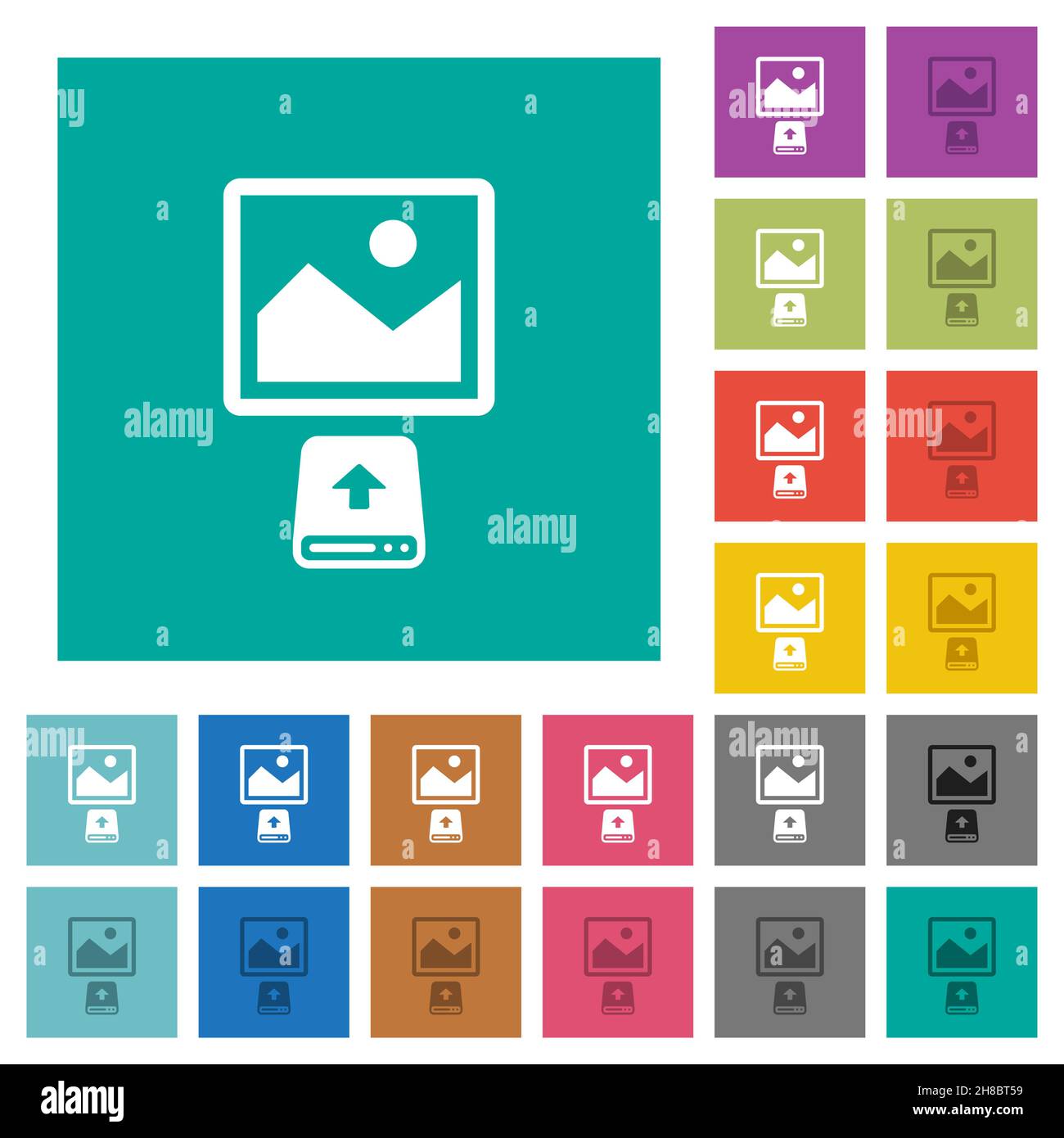 Upload image from hard disk multi colored flat icons on plain square backgrounds. Included white and darker icon variations for hover or active effect Stock Vector