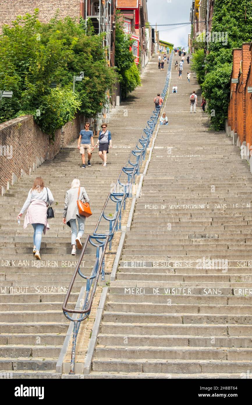 'Montagne de Bueren' is an extreme outdoor staircase in Liège, Belgium. It leads to a viewpoint over the city. Stock Photo
