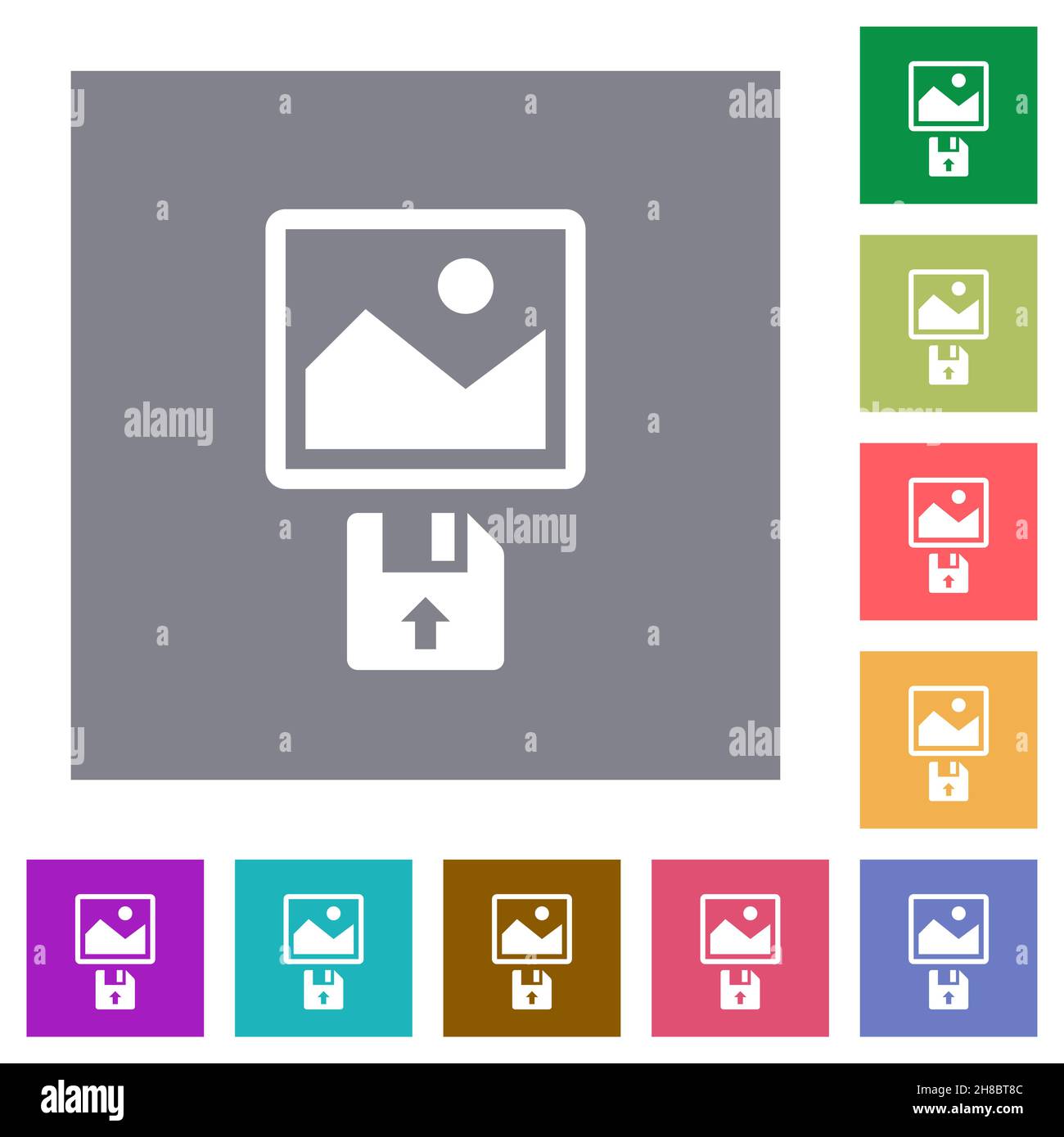 Upload image from floppy disk flat icons on simple color square ...
