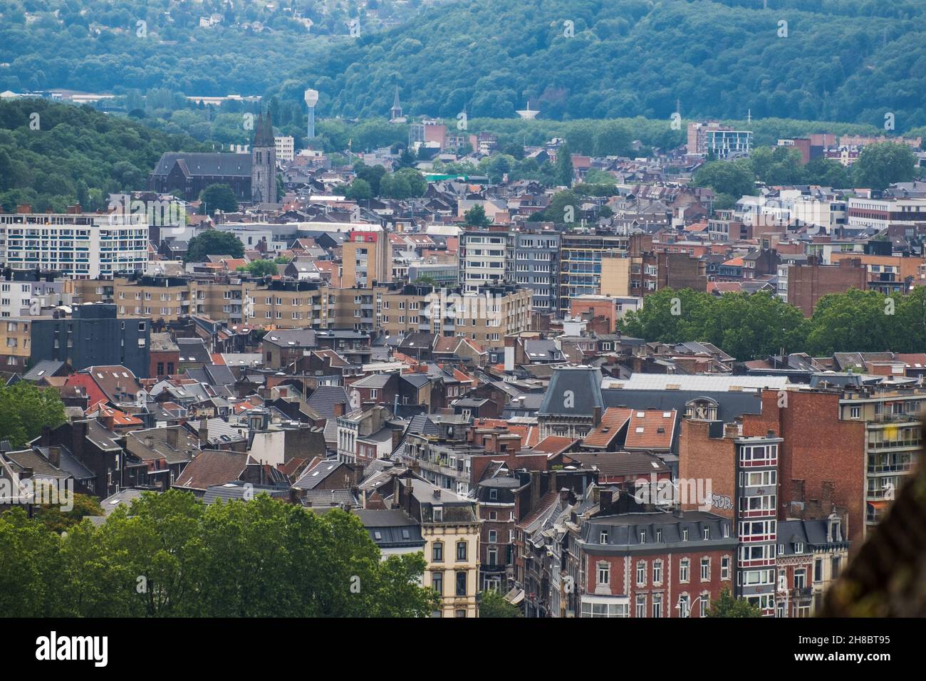 The city of Liège as seen from the viewpoint on 'Montagne de Bueren' in Liège. Stock Photo