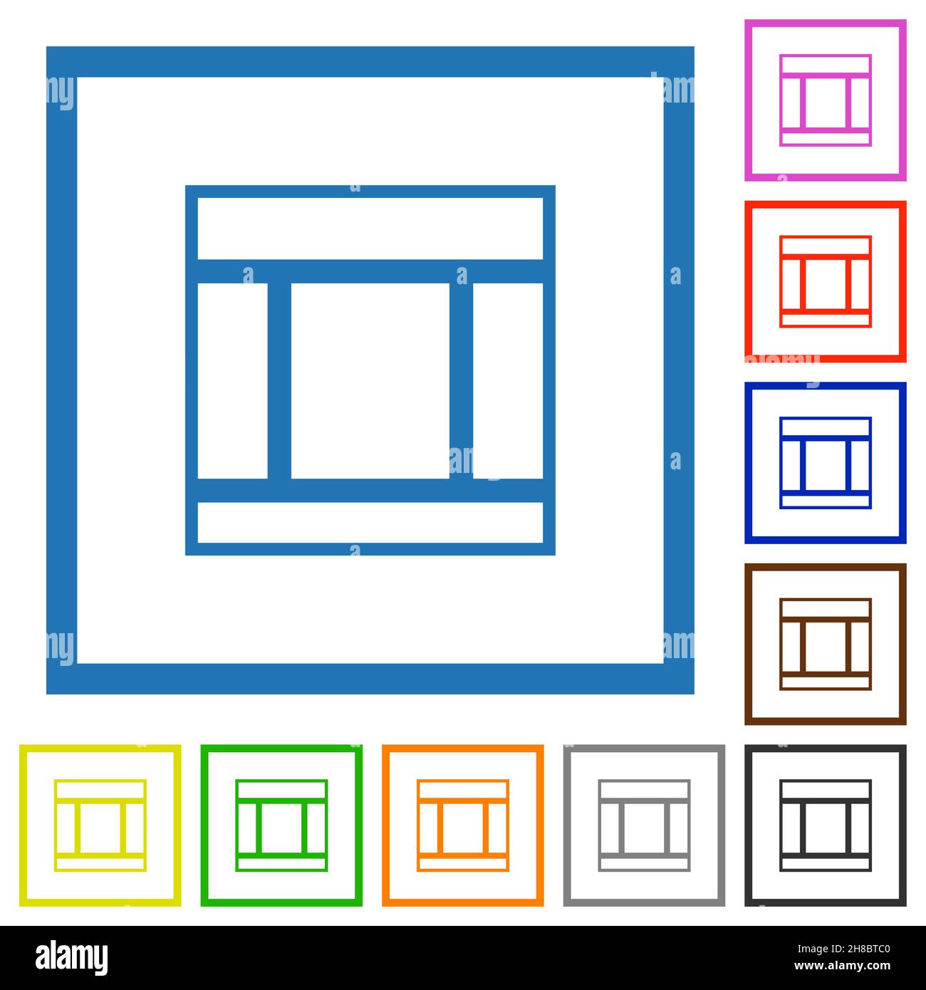 Three columned web layout outline flat color icons in square frames on ...