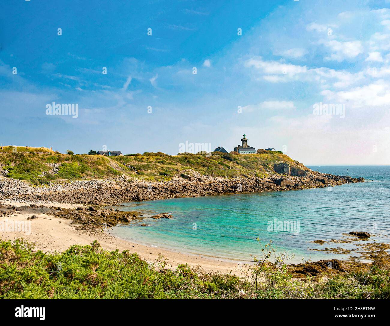 The bay of the Chauey lighthouse on Grande-Île, Îles Chausey, France Stock Photo