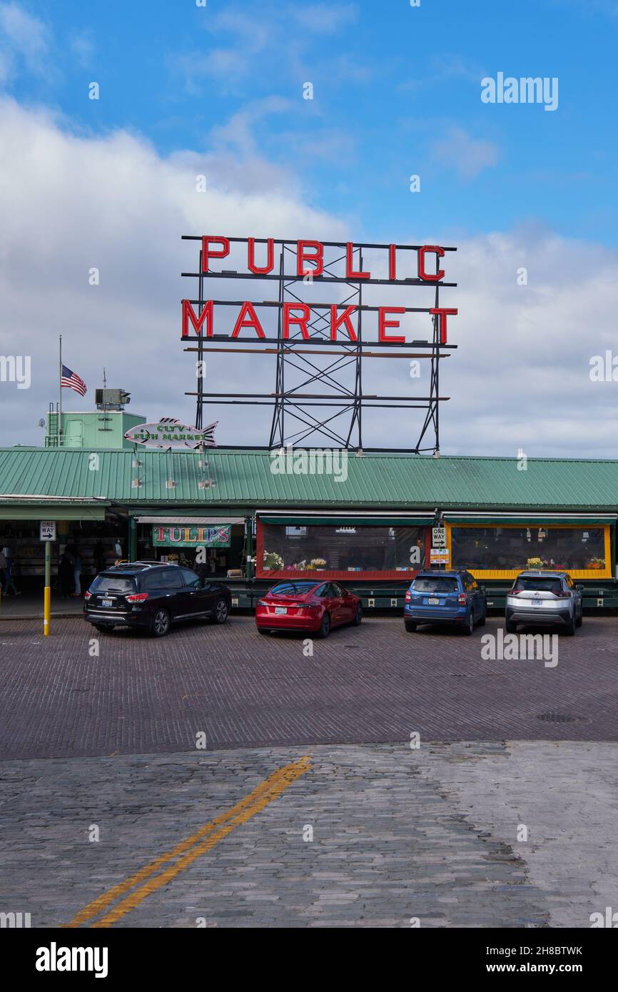 Famous red sign of Public market center in Seattle, Washington Stock Photo